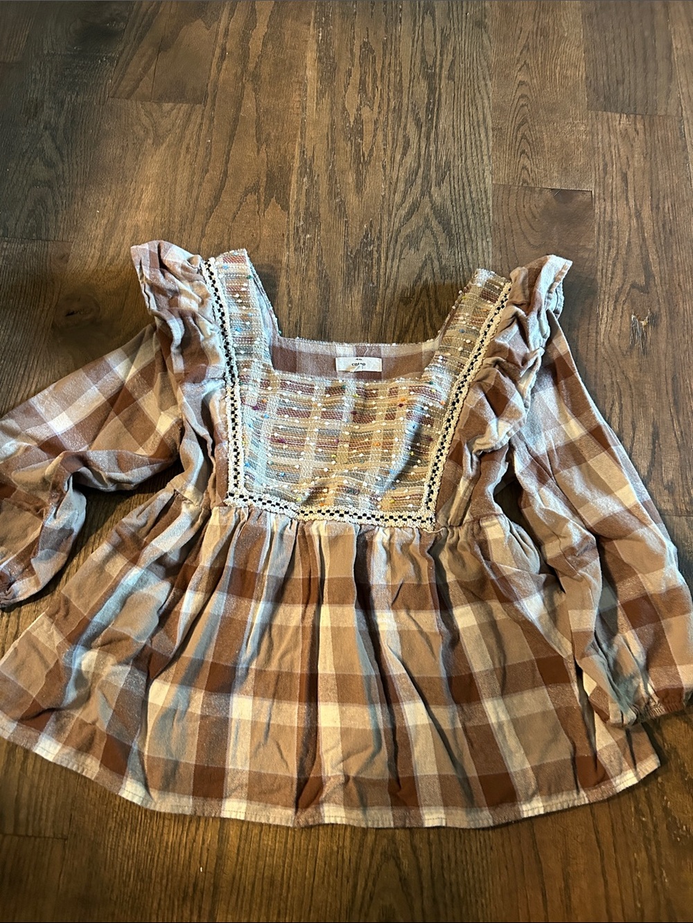 entro Brown and Cream Plaid Peasant Top with Embroidered Yoke